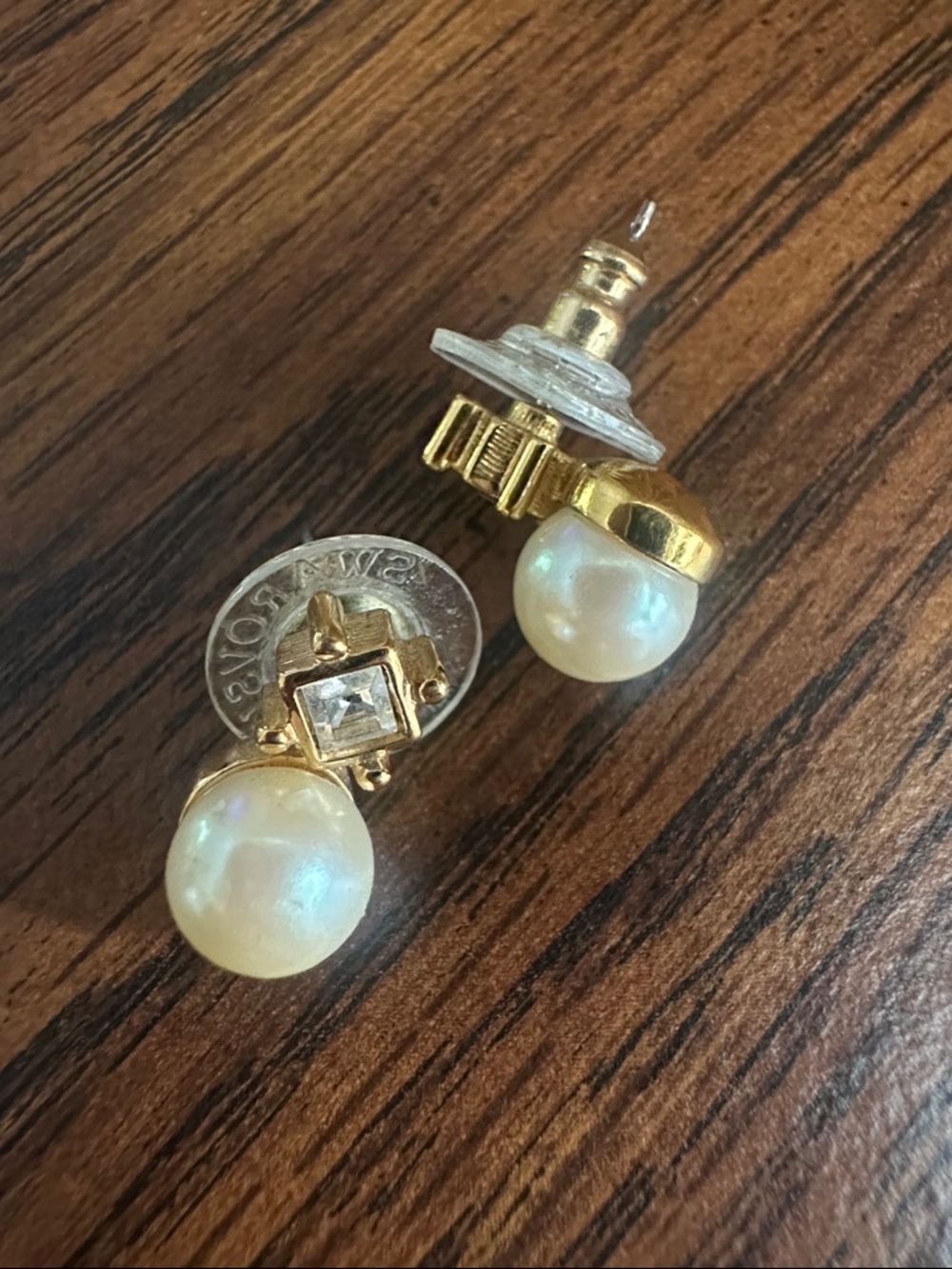 Swarovski Gold Pearl Drop Stud Earrings - Gold and White